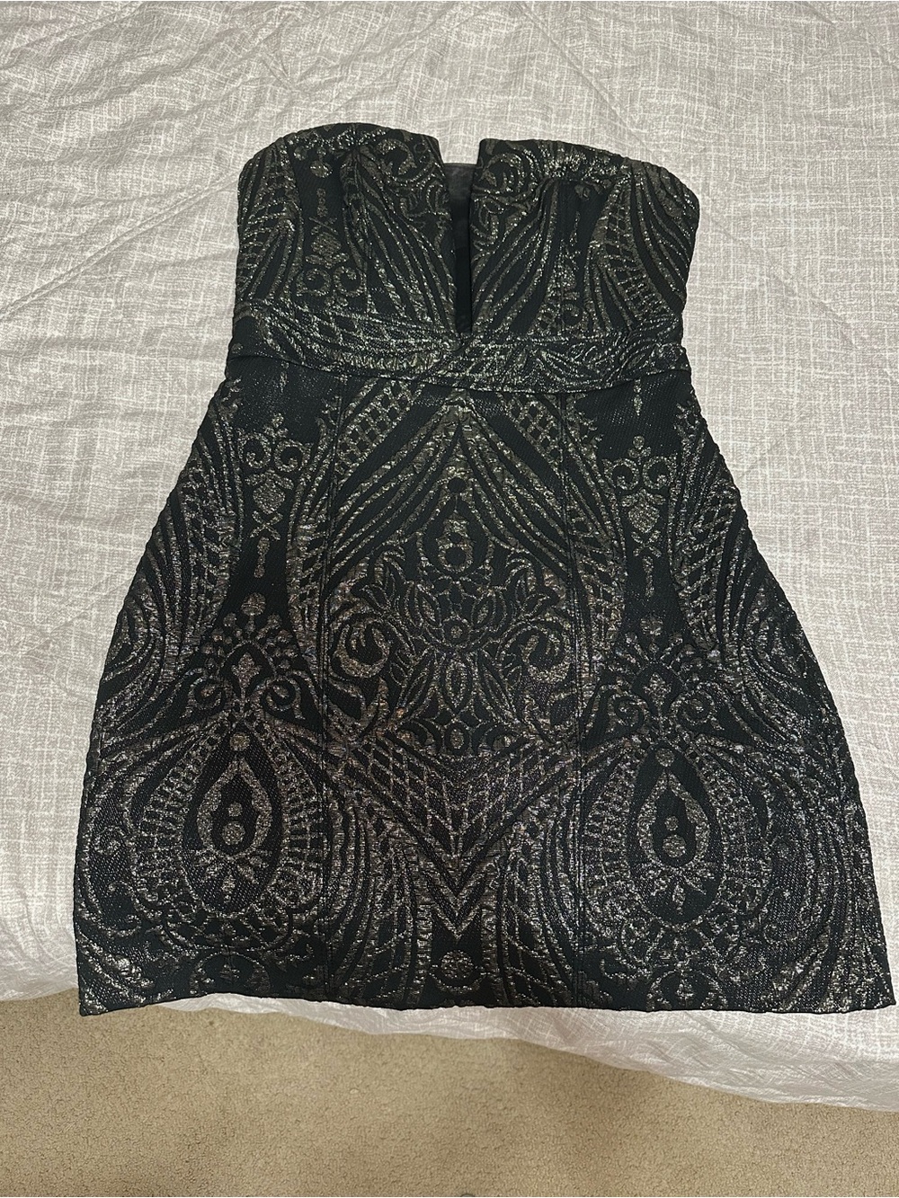 Express Strapless Black Dress with Metallic Pattern